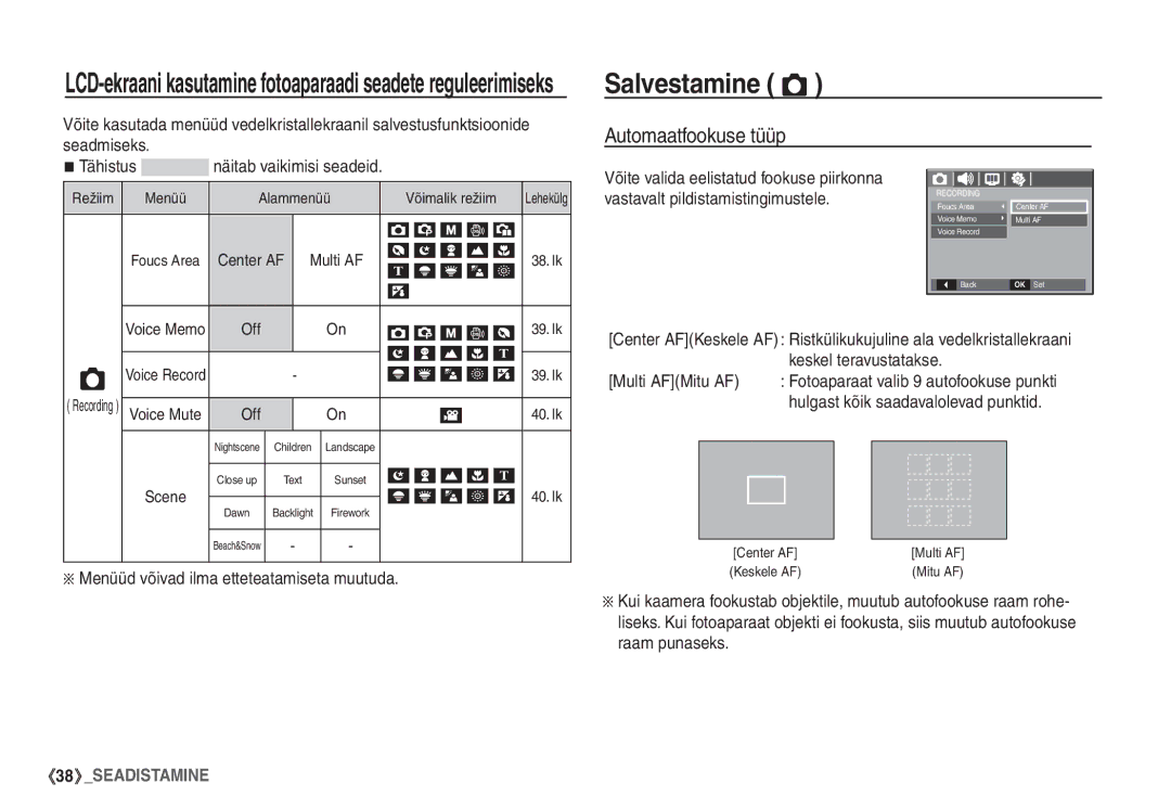 Samsung EC-S860ZBBA/LV, EC-S860ZBBA/RU Salvestamine Ò, Automaatfookuse tüüp, Menüüd võivad ilma etteteatamiseta muutuda 