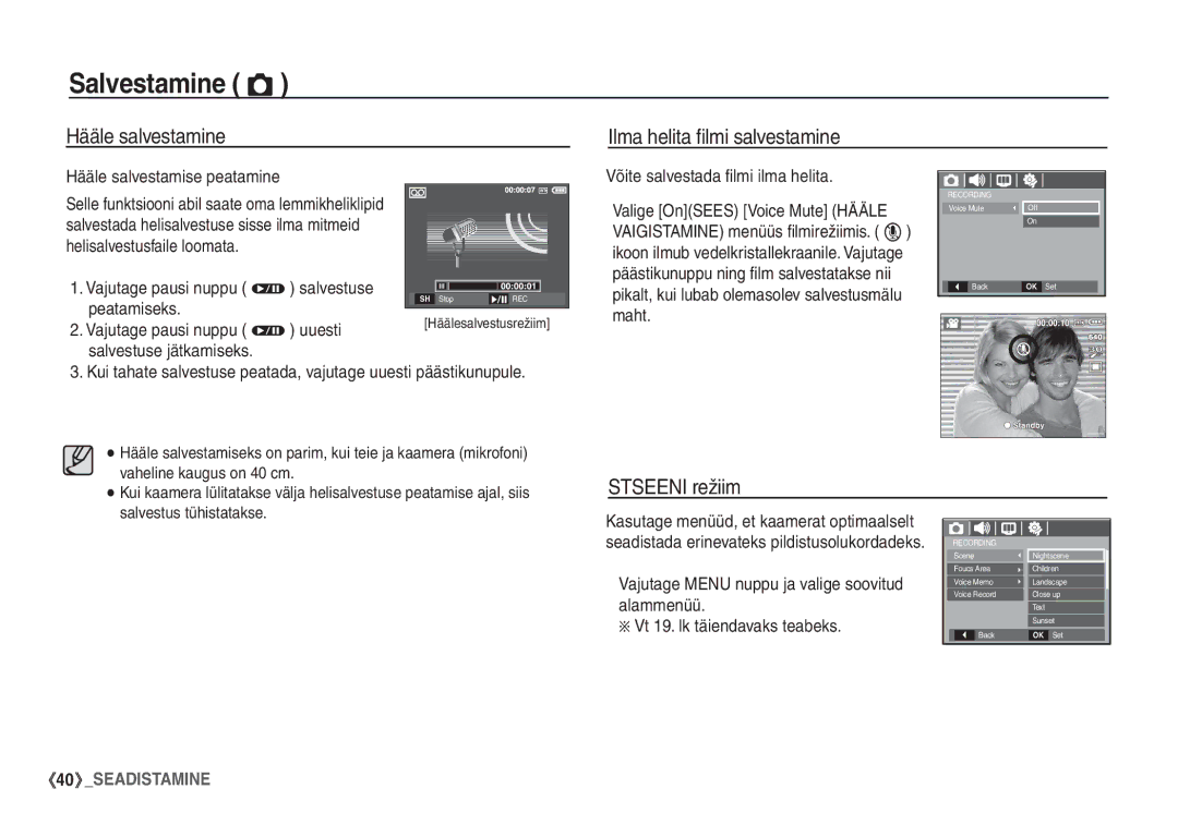 Samsung EC-S760ZBBA/LV, EC-S860ZBBA/RU, EC-S860ZSBA/RU Hääle salvestamine Ilma helita ﬁlmi salvestamine, Stseeni režiim 