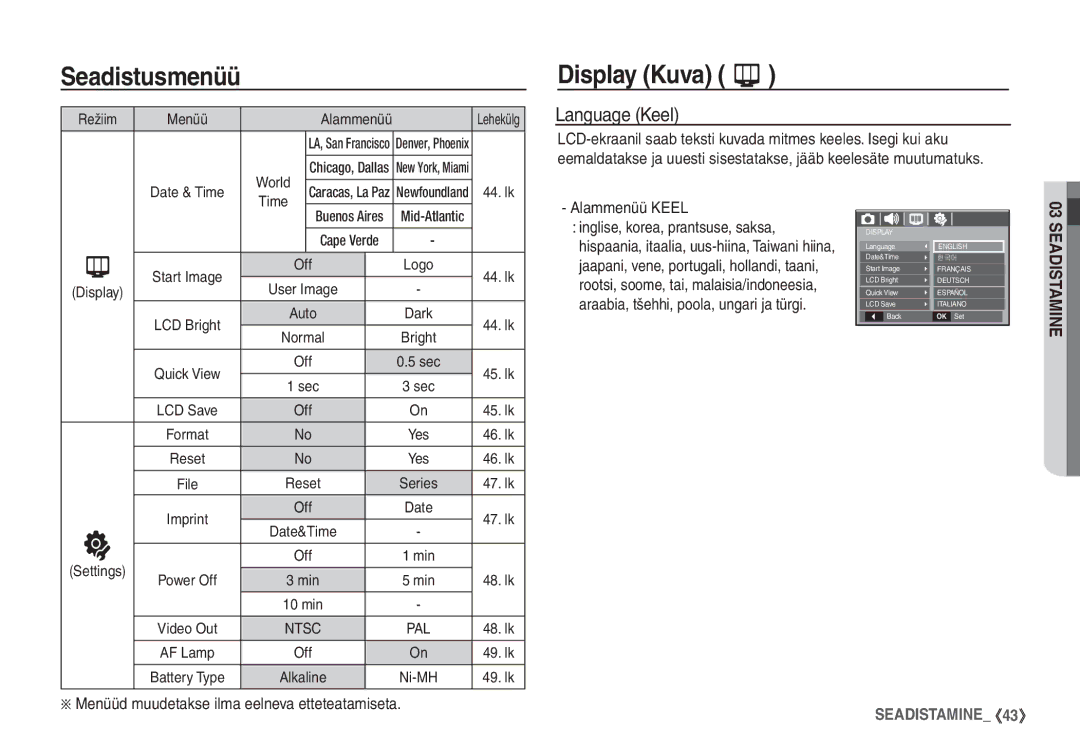 Samsung EC-S760ZSBA/RU Language Keel, Alammenüü Keel, ÄMenüüd muudetakse ilma eelneva etteteatamiseta, Denver, Phoenix 