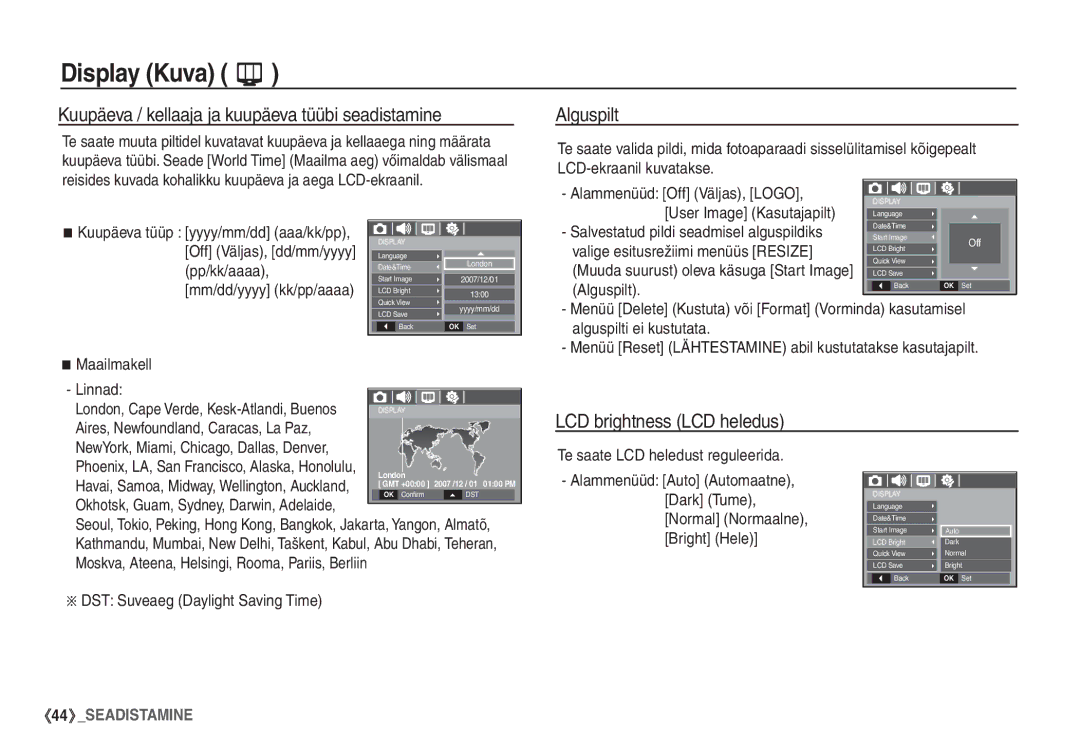 Samsung EC-S860ZBBA/LV manual Kuupäeva / kellaaja ja kuupäeva tüübi seadistamine, Alguspilt, LCD brightness LCD heledus 