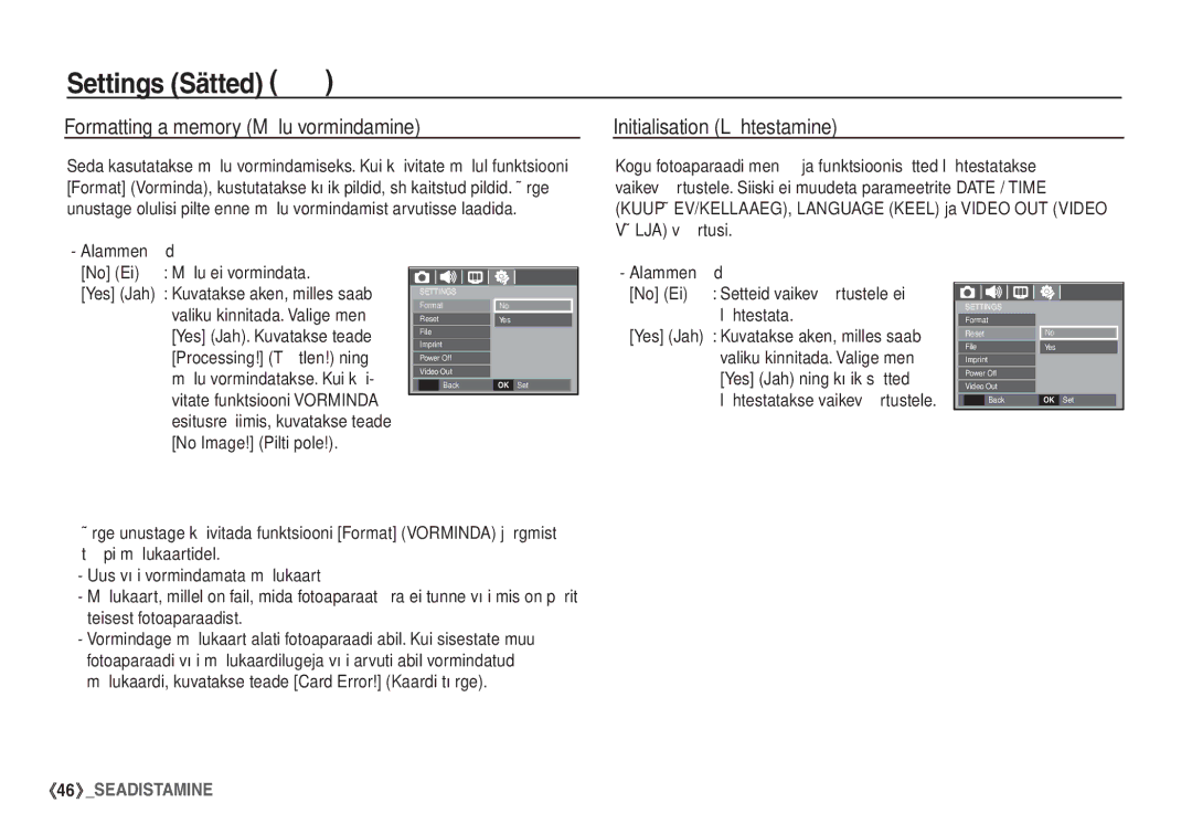 Samsung EC-S760ZBBA/LV, EC-S860ZBBA/RU Settings Sätted, Formatting a memory Mälu vormindamine, Initialisation Lähtestamine 