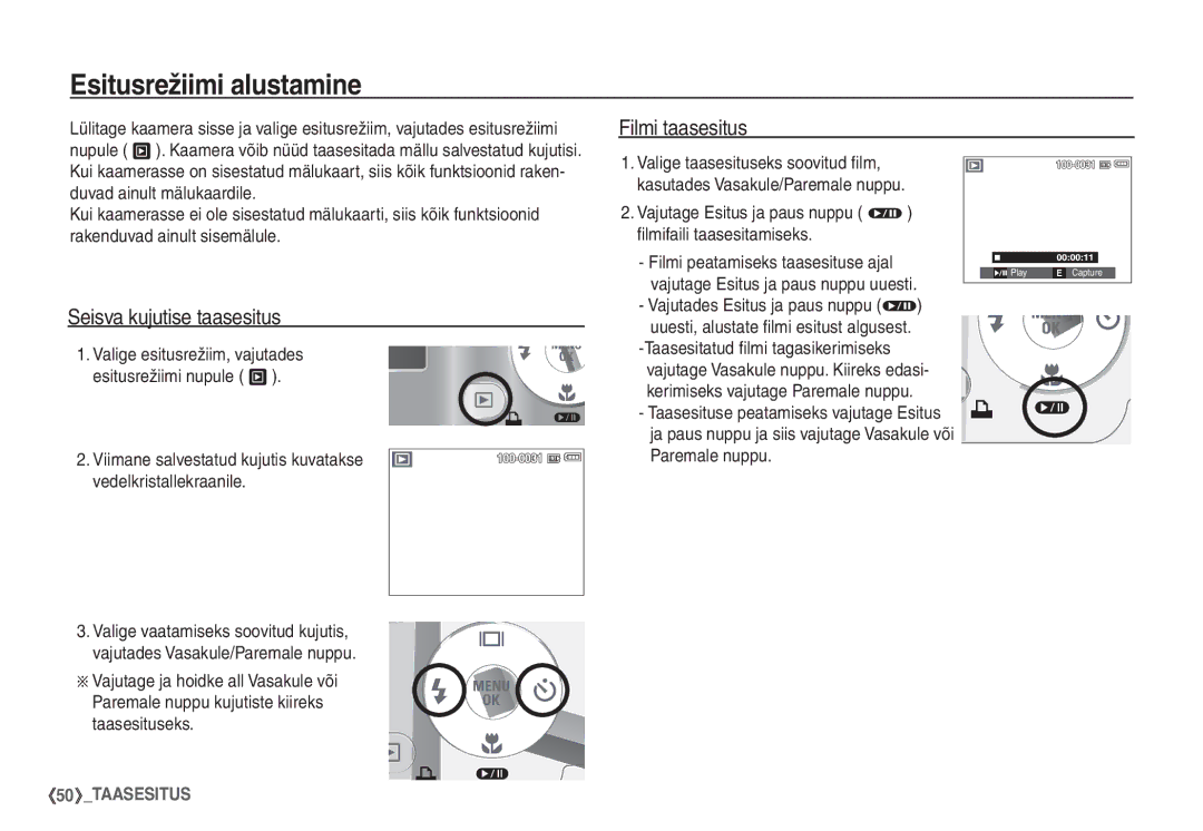 Samsung EC-S860ZBBA/LV, EC-S860ZBBA/RU manual Esitusrežiimi alustamine, Filmi taasesitus, Seisva kujutise taasesitus 