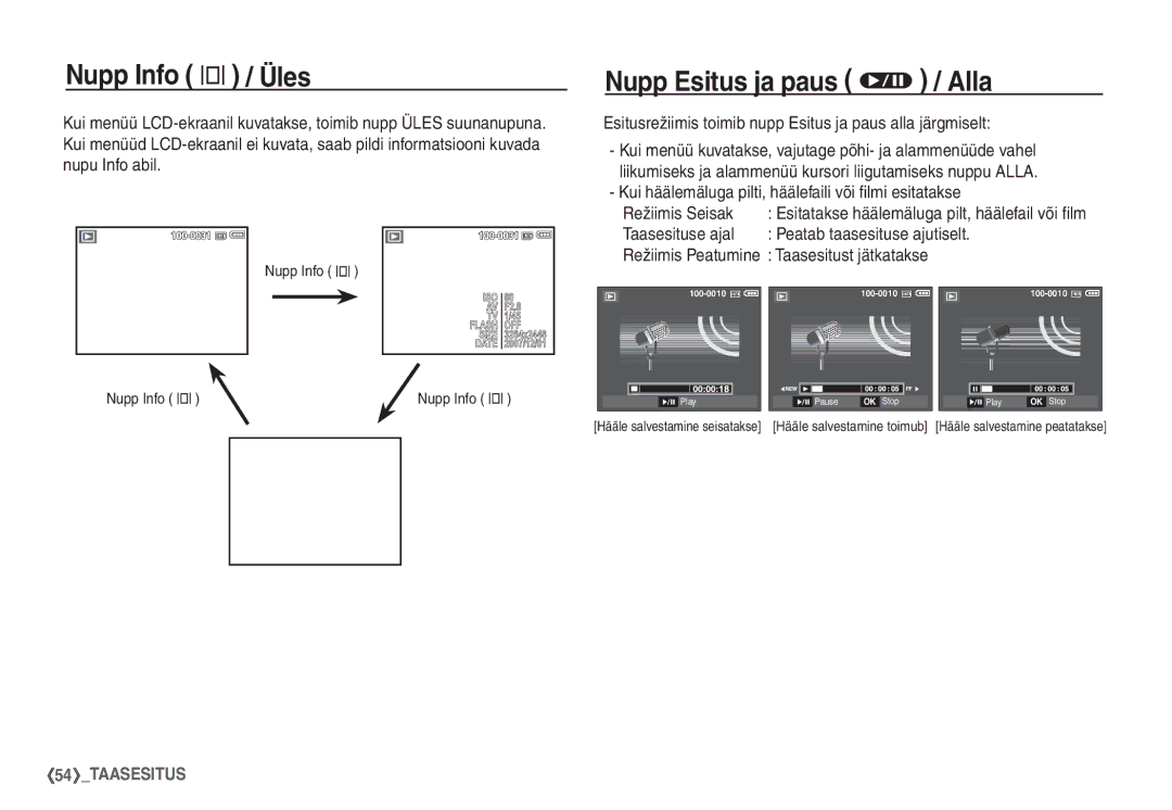 Samsung EC-S860ZSBA/RU Nupp Info î / Üles, Nupp Esitus ja paus Ø / Alla, Taasesituse ajal Peatab taasesituse ajutiselt 