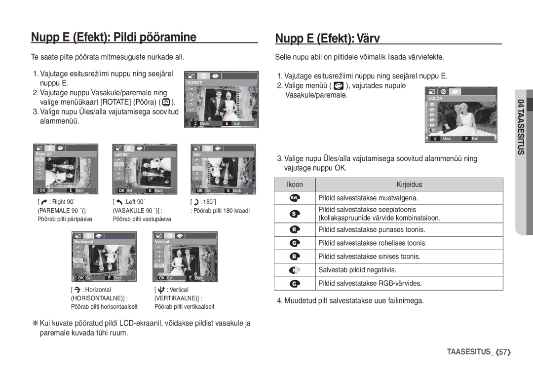 Samsung EC-S760ZSBA/LV Nupp E Efekt Pildi pööramine, Nupp E Efekt Värv, Te saate pilte pöörata mitmesuguste nurkade all 