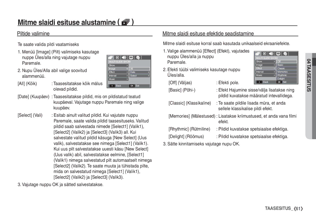 Samsung EC-S760ZSBA/RU, EC-S860ZBBA/RU, EC-S860ZSBA/RU manual Piltide valimine Mitme slaidi esituse efektide seadistamine 