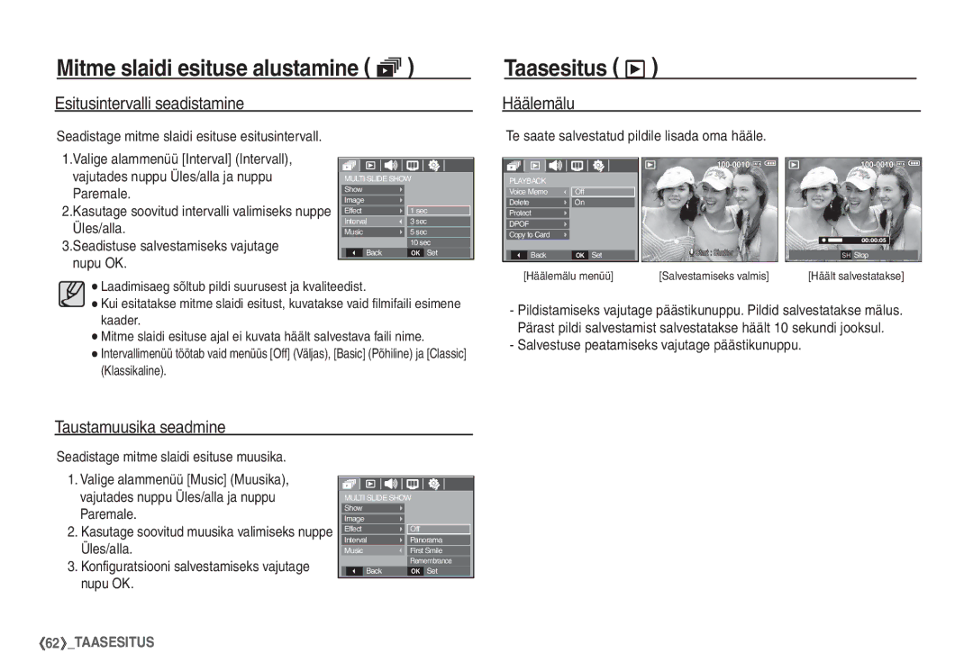 Samsung EC-S860ZBBA/LV, EC-S860ZBBA/RU manual Taasesitus ø, Esitusintervalli seadistamine, Häälemälu, Taustamuusika seadmine 