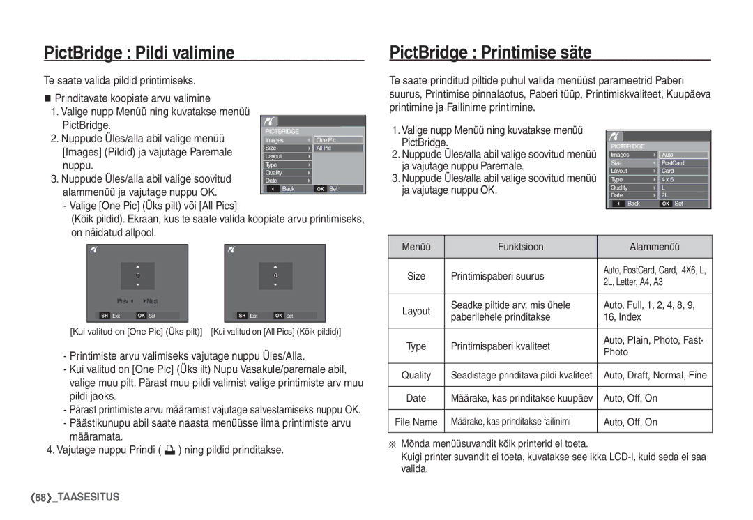 Samsung EC-S860ZBBA/LV manual PictBridge Pildi valimine, PictBridge Printimise säte, Nuppude Üles/alla abil valige menüü 