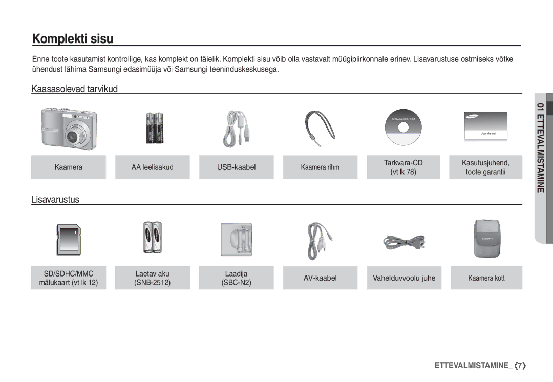 Samsung EC-S760ZSBA/RU Komplekti sisu, Kaasasolevad tarvikud, Lisavarustus, Kaamera AA leelisakud USB-kaabel Kaamera rihm 