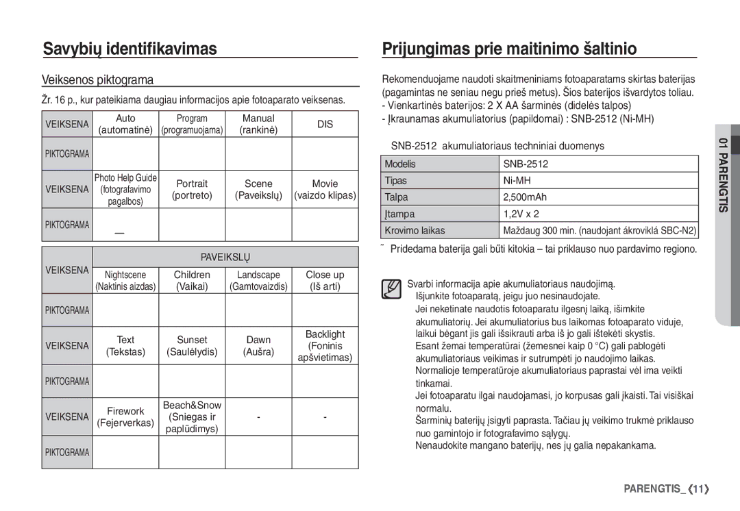 Samsung EC-S860ZBBA/RU, EC-S860ZSBA/RU manual Prijungimas prie maitinimo šaltinio, Veiksenos piktograma, Auto Program Manual 