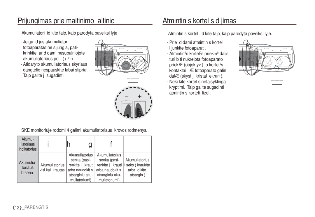 Samsung EC-S860ZSBA/RU manual Atmintinės kortelės dėjimas, Akumuliatorių idėkite taip, kaip parodyta paveikslėlyje 