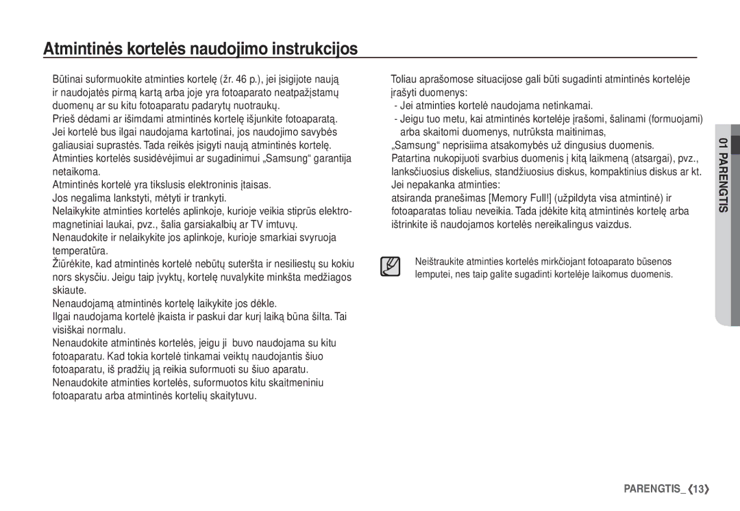 Samsung EC-S760ZSBA/RU, EC-S860ZBBA/RU, EC-S860ZSBA/RU, EC-S860ZBBA/LV manual Atmintinės kortelės naudojimo instrukcijos 