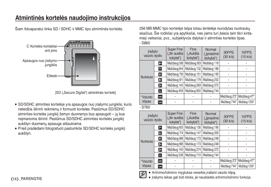 Samsung EC-S860ZBBA/LV, EC-S860ZBBA/RU manual S760, 30 k/s, Artinimo/tolinimo mygtukas neveikia įrašant vaizdo klipą 