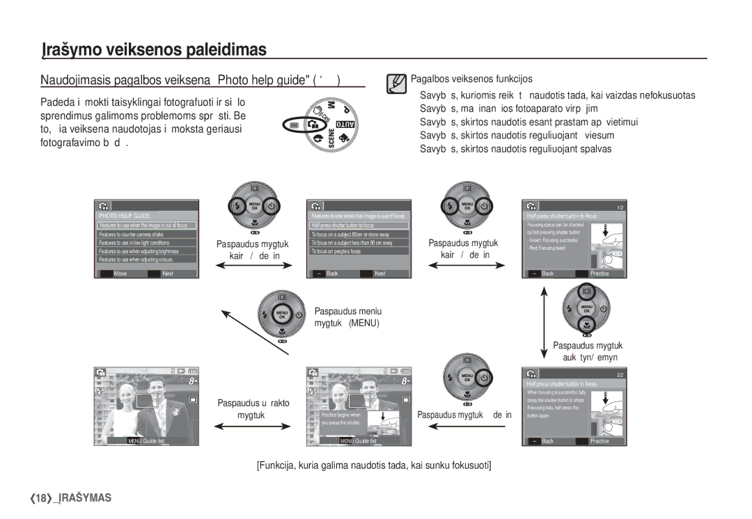 Samsung EC-S860ZSBA/RU, EC-S860ZBBA/RU, EC-S760ZSBA/RU, EC-S860ZBBA/LV Naudojimasis pagalbos veiksena „Photo help guide ` 