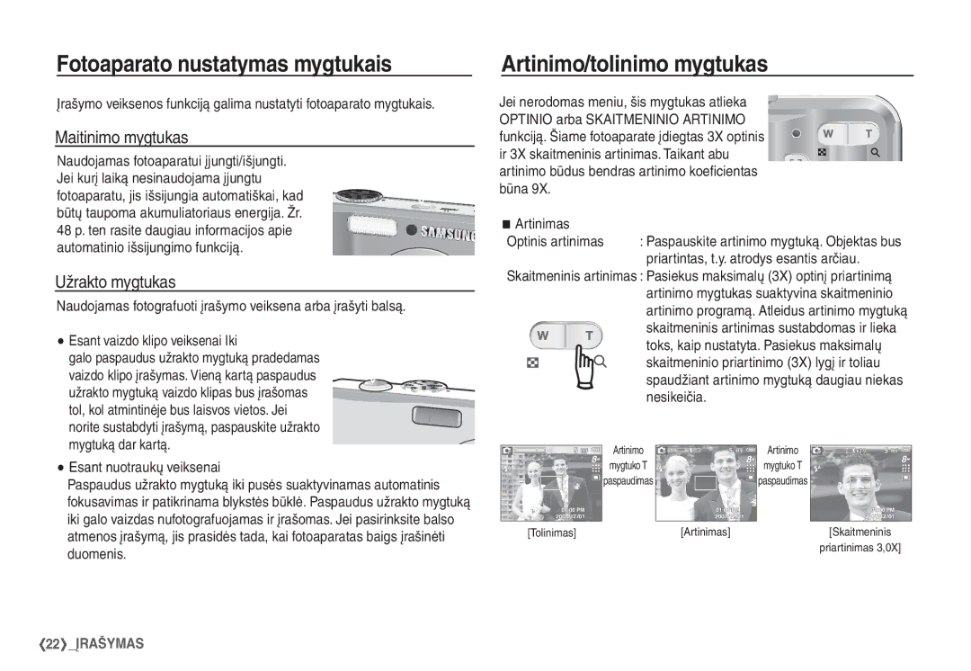 Samsung EC-S760ZBBA/LV Fotoaparato nustatymas mygtukais, Artinimo/tolinimo mygtukas, Maitinimo mygtukas, Užrakto mygtukas 