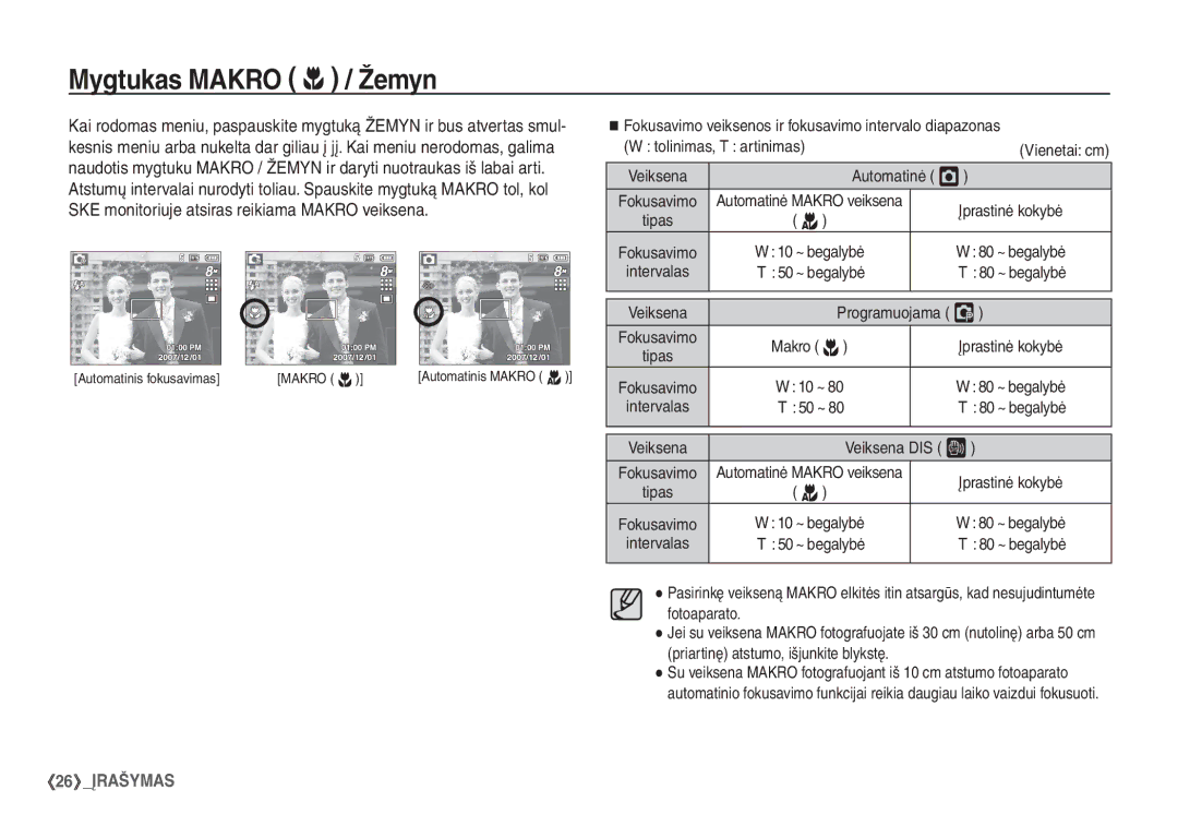 Samsung EC-S860ZBBA/LV, EC-S860ZBBA/RU manual Mygtukas Makro e / Žemyn, Automatinė Š, Įprastinė kokybė, Veiksena DIS ÿ 