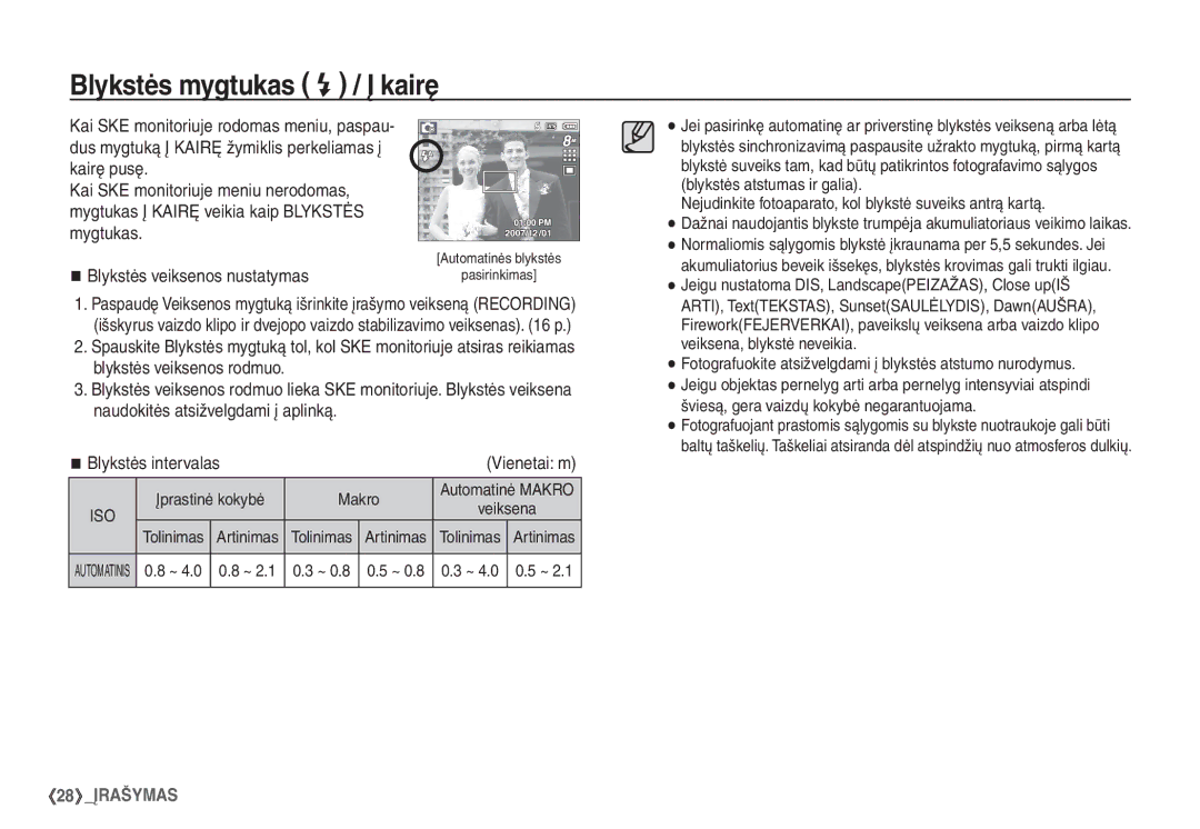 Samsung EC-S760ZBBA/LV, EC-S860ZBBA/RU, EC-S860ZSBA/RU manual Blykstės mygtukas / Į kairę, ~ 0.8 0.5 ~ 0.8 0.3 ~ 4.0 0.5 ~ 