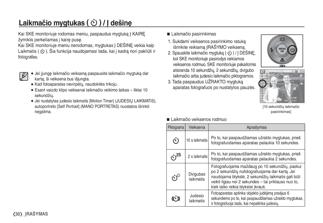 Samsung EC-S860ZSBA/RU, EC-S860ZBBA/RU Laikmačio mygtukas / Į dešinę, Laikmačio pasirinkimas, Laikmačio veiksenos rodmuo 