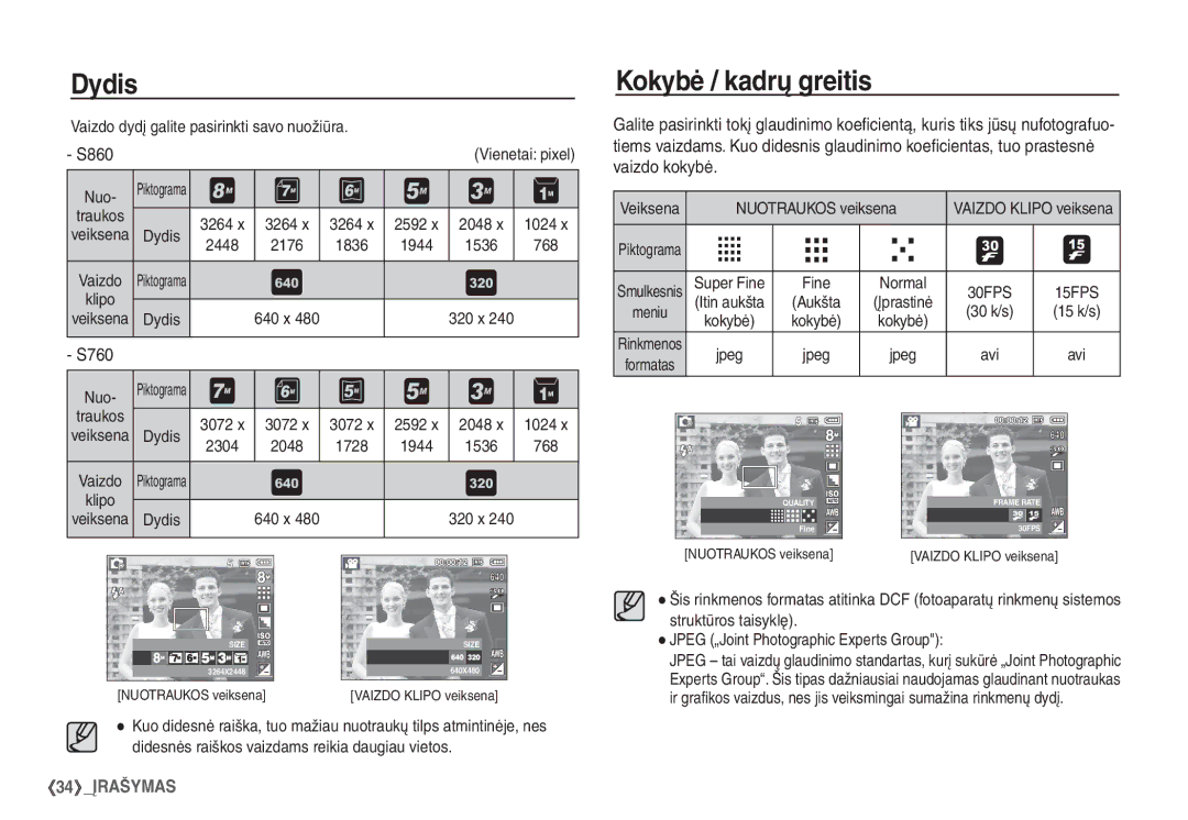 Samsung EC-S760ZBBA/LV, EC-S860ZBBA/RU, EC-S860ZSBA/RU, EC-S760ZSBA/RU, EC-S860ZBBA/LV manual Dydis, Kokybė / kadrų greitis 