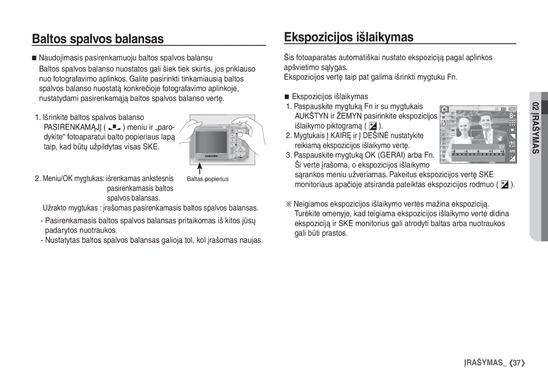 Samsung EC-S760ZSBA/RU, EC-S860ZBBA/RU manual Ekspozicijos išlaikymas, Naudojimasis pasirenkamuoju baltos spalvos balansu 