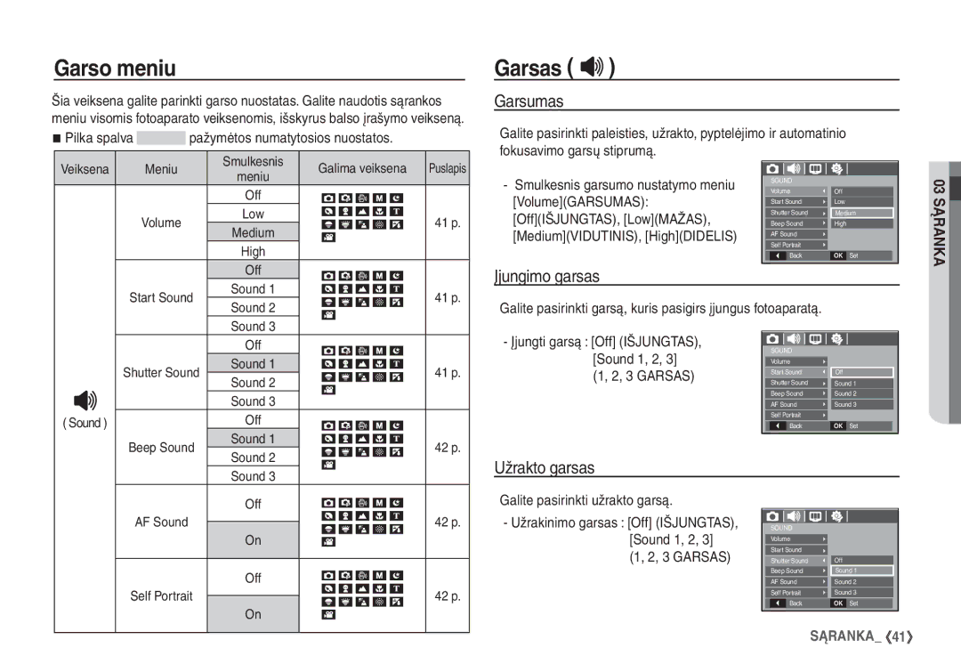 Samsung EC-S860ZBBA/RU, EC-S860ZSBA/RU, EC-S760ZSBA/RU manual Garso meniu, Garsas, Garsumas, Įjungimo garsas, Užrakto garsas 