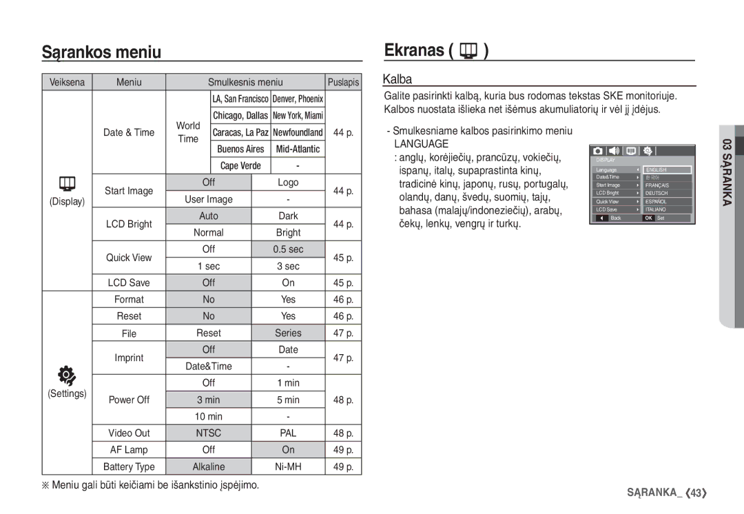 Samsung EC-S760ZSBA/RU, EC-S860ZBBA/RU, EC-S860ZSBA/RU Ekranas, Kalba, ÄMeniu gali būti keičiami be išankstinio įspėjimo 