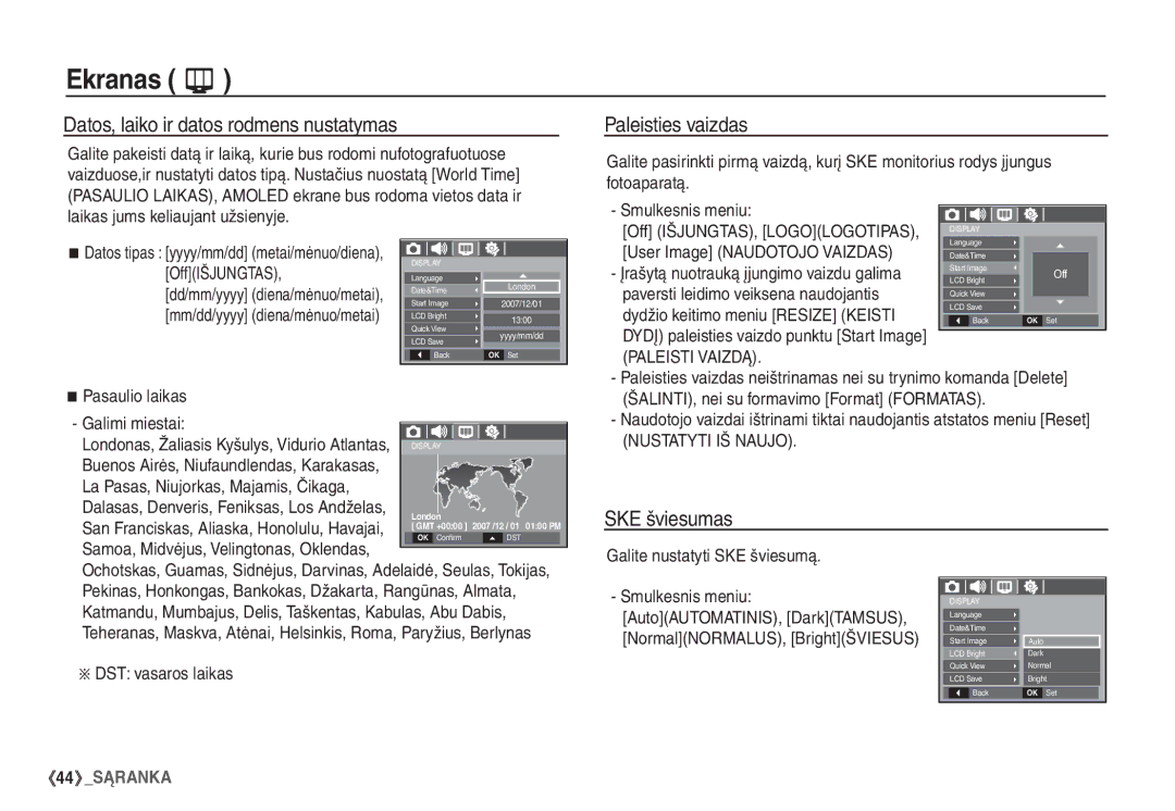 Samsung EC-S860ZBBA/LV, EC-S860ZBBA/RU manual Datos, laiko ir datos rodmens nustatymas, Paleisties vaizdas, SKE šviesumas 