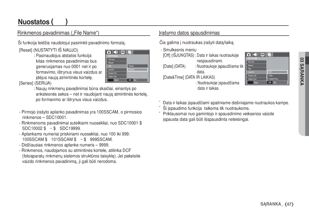 Samsung EC-S860ZBBA/RU, EC-S860ZSBA/RU, EC-S760ZSBA/RU manual Rinkmenos pavadinimas „File Name Įrašymo datos spausdinimas 