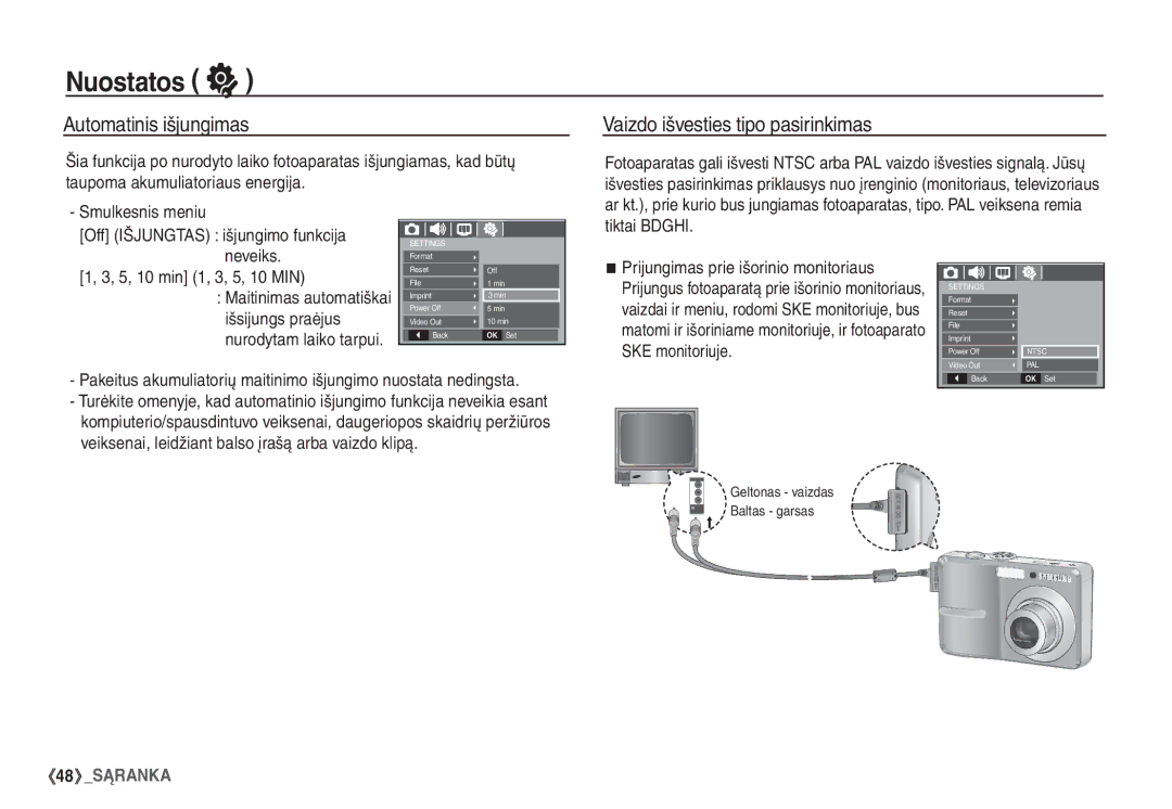 Samsung EC-S860ZSBA/RU, EC-S860ZBBA/RU, EC-S760ZSBA/RU manual Automatinis išjungimas, Vaizdo išvesties tipo pasirinkimas 