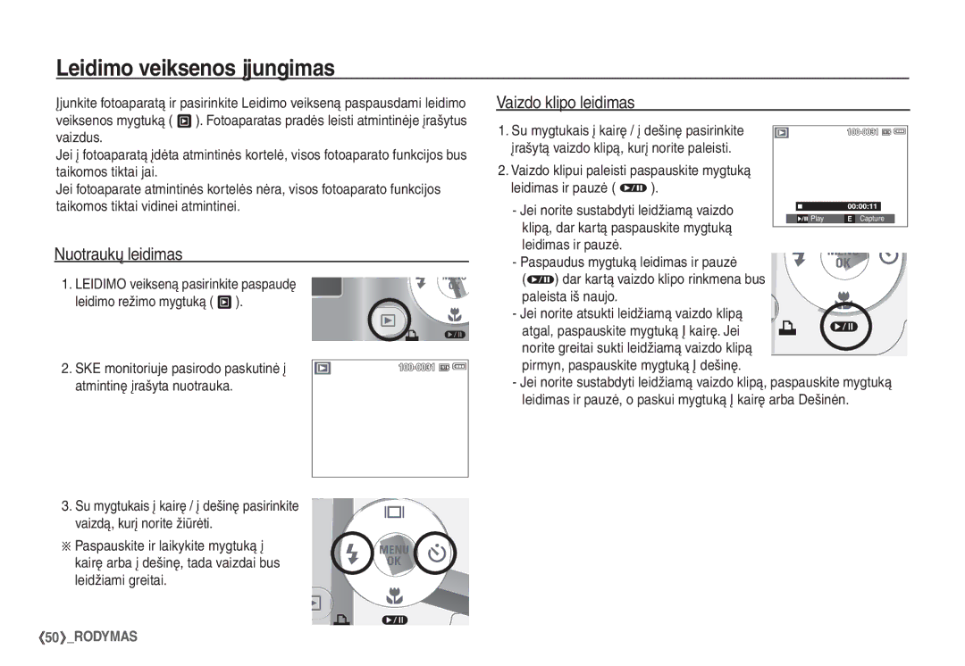 Samsung EC-S860ZBBA/LV, EC-S860ZBBA/RU manual Leidimo veiksenos įjungimas, Nuotraukų leidimas, Vaizdo klipo leidimas 