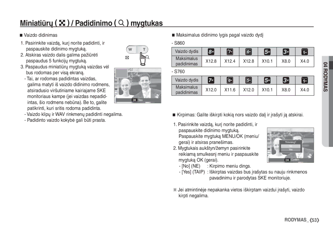 Samsung EC-S860ZBBA/RU, EC-S860ZSBA/RU Miniatiūrų º / Padidinimo í mygtukas, Vaizdo didinimas, Gerai ir atsiras pranešimas 