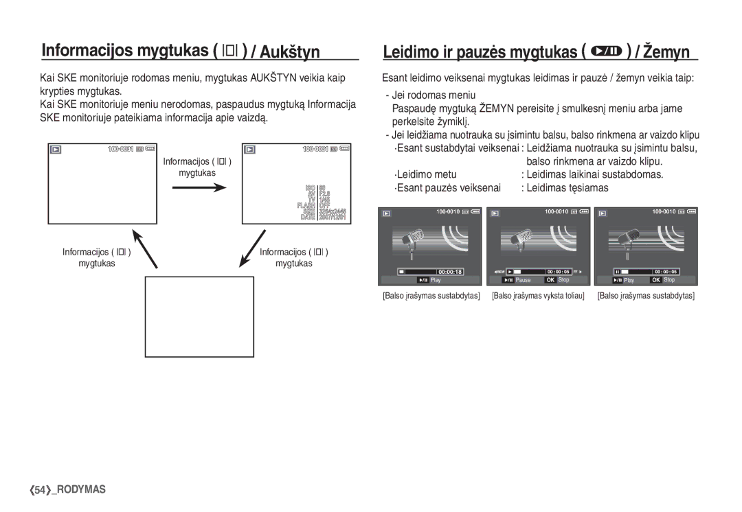 Samsung EC-S860ZSBA/RU manual Informacijos mygtukas î / Aukštyn, Leidimo ir pauzės mygtukas Ø / Žemyn, ·Leidimo metu 