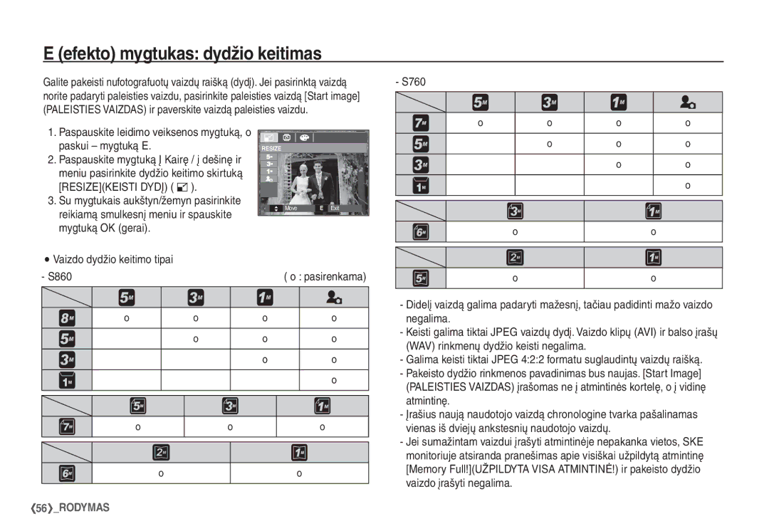 Samsung EC-S860ZBBA/LV, EC-S860ZBBA/RU, EC-S860ZSBA/RU manual Efekto mygtukas dydžio keitimas, Vaizdo dydžio keitimo tipai 