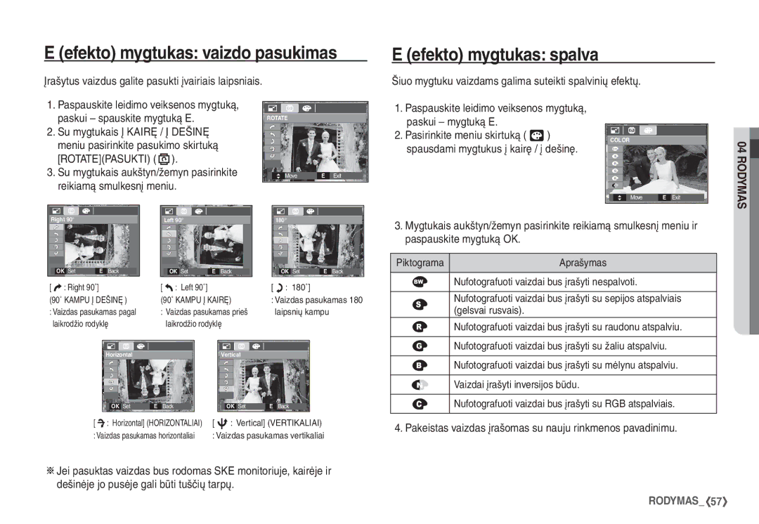 Samsung EC-S760ZSBA/LV, EC-S860ZBBA/RU, EC-S860ZSBA/RU manual Efekto mygtukas vaizdo pasukimas, Efekto mygtukas spalva 