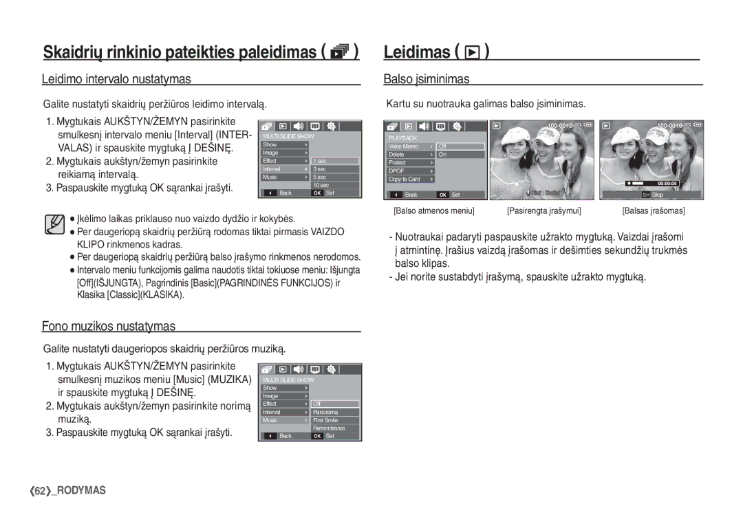 Samsung EC-S860ZBBA/LV, EC-S860ZBBA/RU Leidimas ø, Leidimo intervalo nustatymas, Balso įsiminimas, Fono muzikos nustatymas 