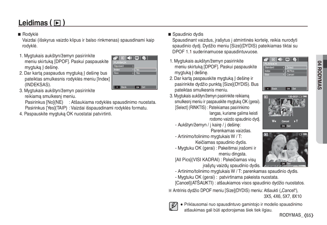 Samsung EC-S860ZBBA/RU manual Reikiamą smulkesnį meniu Pasirinkus NoNE, Spaudinio dydis, Pateiktas smulkesnis meniu 