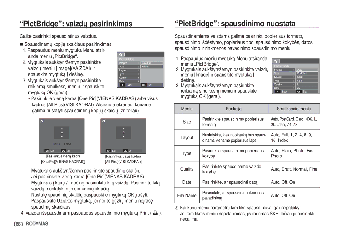 Samsung EC-S860ZBBA/LV manual PictBridge vaizdų pasirinkimas, PictBridge spausdinimo nuostata, Anda meniu „PictBridge 