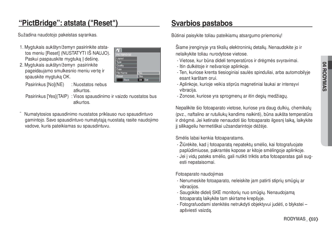 Samsung EC-S760ZSBA/LV, EC-S860ZBBA/RU, EC-S860ZSBA/RU, EC-S760ZSBA/RU manual PictBridge atstata Reset Svarbios pastabos 