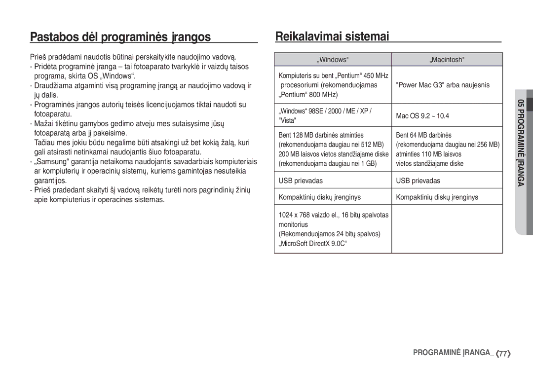 Samsung EC-S860ZBBA/RU, EC-S860ZSBA/RU, EC-S760ZSBA/RU manual Pastabos dėl programinės įrangos, Reikalavimai sistemai 