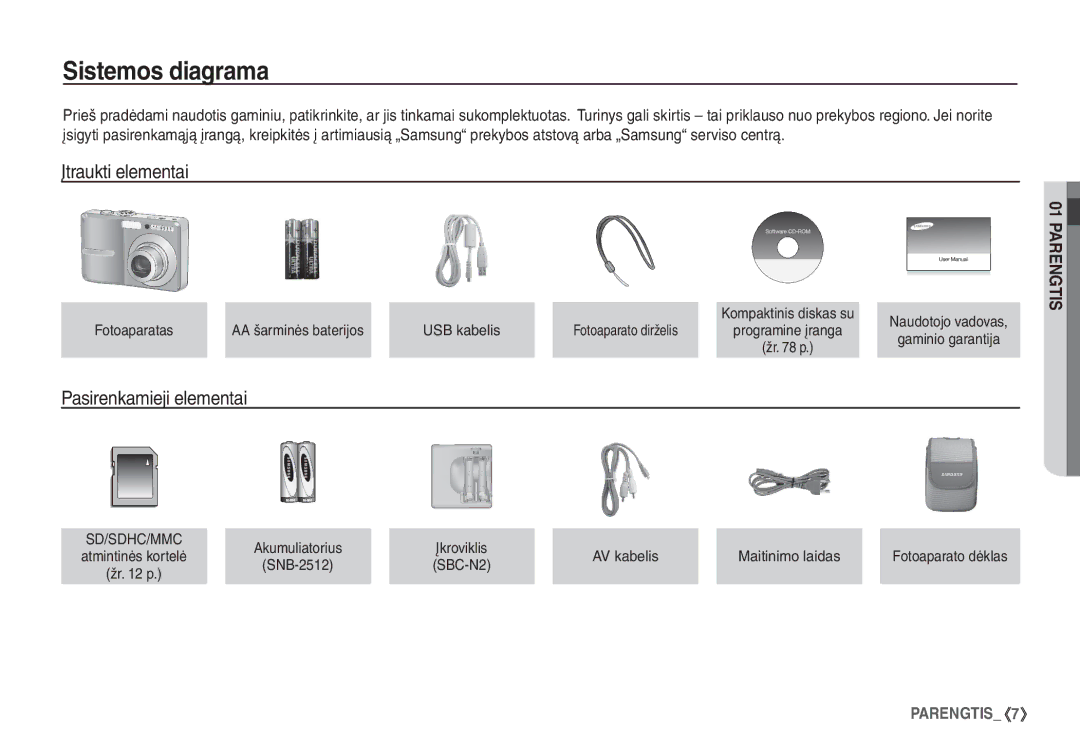 Samsung EC-S760ZSBA/RU manual Sistemos diagrama, Įtraukti elementai, Pasirenkamieji elementai, AV kabelis Maitinimo laidas 