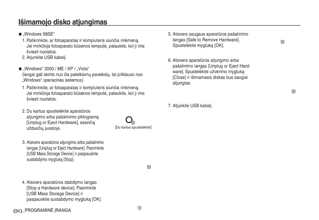 Samsung EC-S860ZSBA/RU, EC-S860ZBBA/RU Išimamojo disko atjungimas, Unplug or Eject Hardware, esančią Užduočių juostoje 