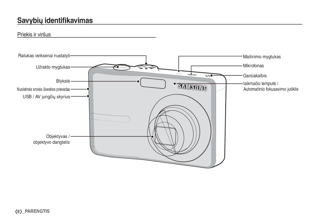 Samsung EC-S860ZBBA/LV manual Savybių identiﬁkavimas, Priekis ir viršus, Maitinimo mygtukas Mikrofonas Garsiakalbis 