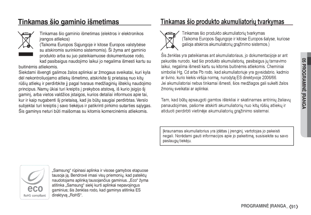 Samsung EC-S760ZSBA/RU, EC-S860ZBBA/RU manual Tinkamas šio gaminio išmetimas, Tinkamas šio produkto akumuliatoriǐ tvarkymas 