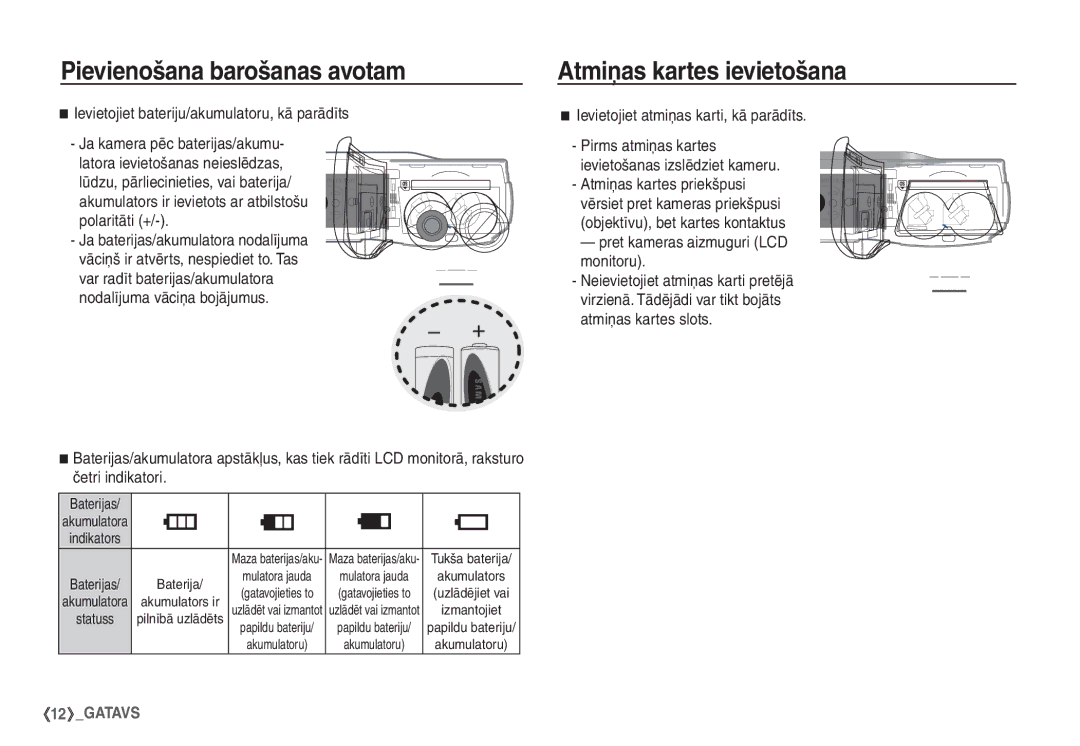 Samsung EC-S860ZSBA/RU, EC-S860ZBBA/RU manual Atmiņas kartes ievietošana, Ievietojiet bateriju/akumulatoru, kā parādīts 