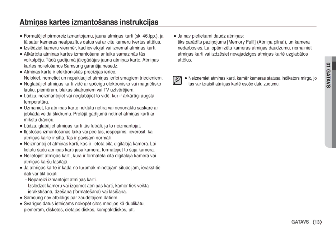 Samsung EC-S760ZSBA/RU manual Atmiņas kartes izmantošanas instrukcijas, Atmiņas karte ir elektroniskās precīzijas ierīce 