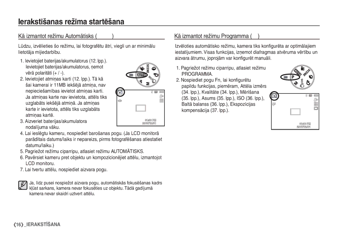 Samsung EC-S760ZBBA/LV Ierakstīšanas režīma startēšana, Kā izmantot režīmu Automātisks μ, Kā izmantot režīmu Programma 