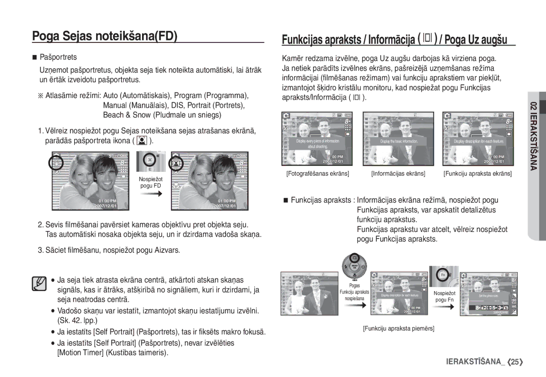 Samsung EC-S760ZSBA/RU manual Funkcijas apraksts / Informācija î / Poga Uz augšu, Sāciet ﬁlmēšanu, nospiežot pogu Aizvars 