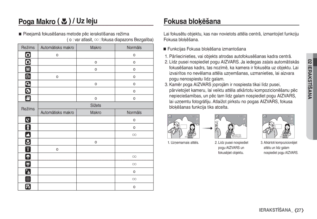 Samsung EC-S760ZSBA/LV manual Fokusa bloķēšana, Pieejamā fokusēšanas metode pēc ierakstīšanas režīma, Makro Normāls 