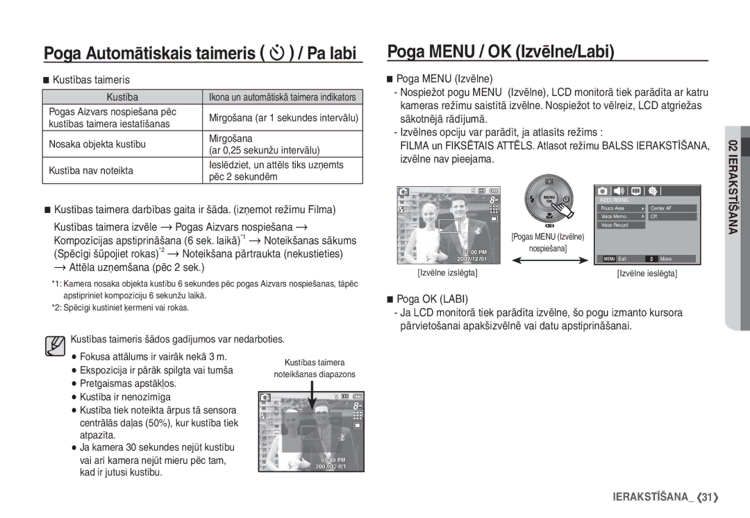 Samsung EC-S760ZSBA/RU Poga Menu / OK Izvēlne/Labi, Kustības taimeris, Kustības taimera izvēle Pogas Aizvars nospiešana 