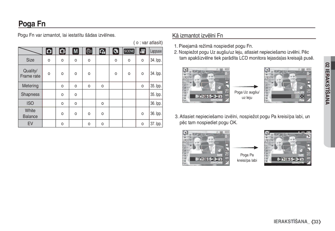 Samsung EC-S760ZSBA/LV manual Poga Fn, ‰ ÿ, Kā izmantot izvēlni Fn, Pieejamā režīmā nospiediet pogu Fn, ³ † Lappuse 