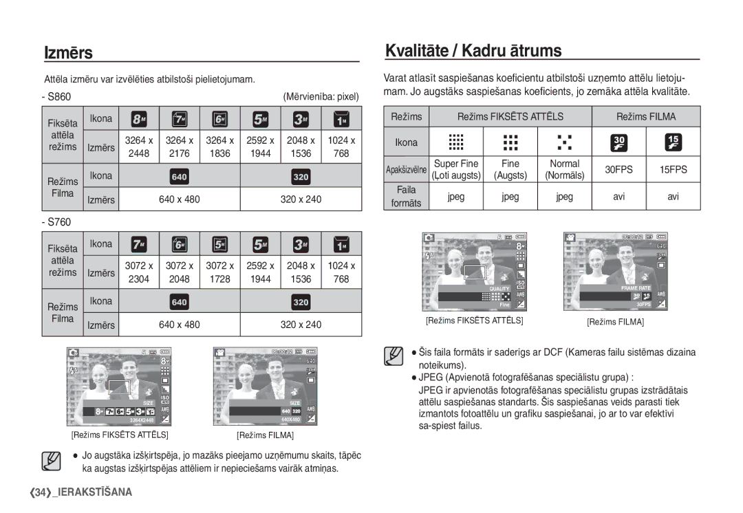 Samsung EC-S760ZBBA/LV, EC-S860ZBBA/RU, EC-S860ZSBA/RU, EC-S760ZSBA/RU, EC-S860ZBBA/LV manual Izmērs, Kvalitāte / Kadru ātrums 